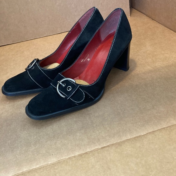 Unisa Shoes - SOLD Black suede high heel shoes with a buckle on the side by Unisa